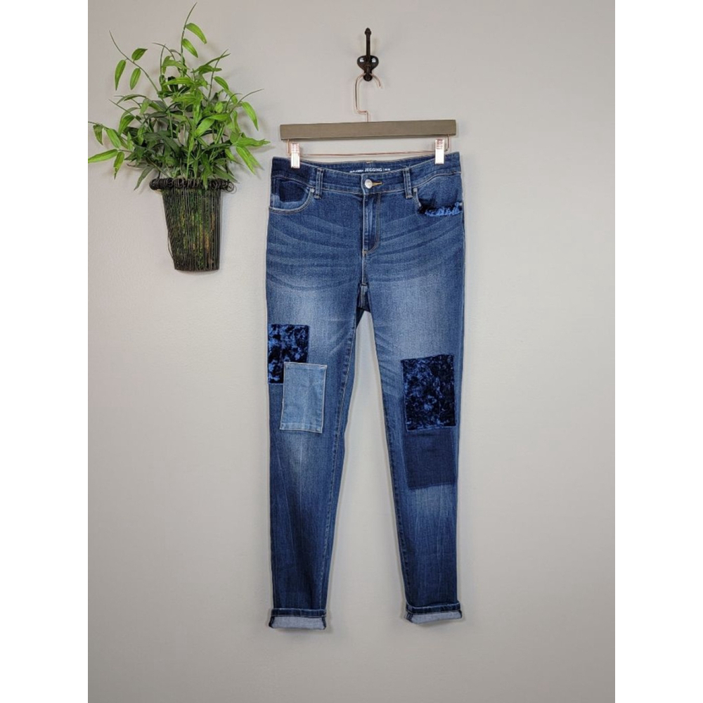 Chico's 00 2 Platinum Skinny Jeans Jeggings Velvet Patch Medium Blue Mid Rise - Picture 2 of 12